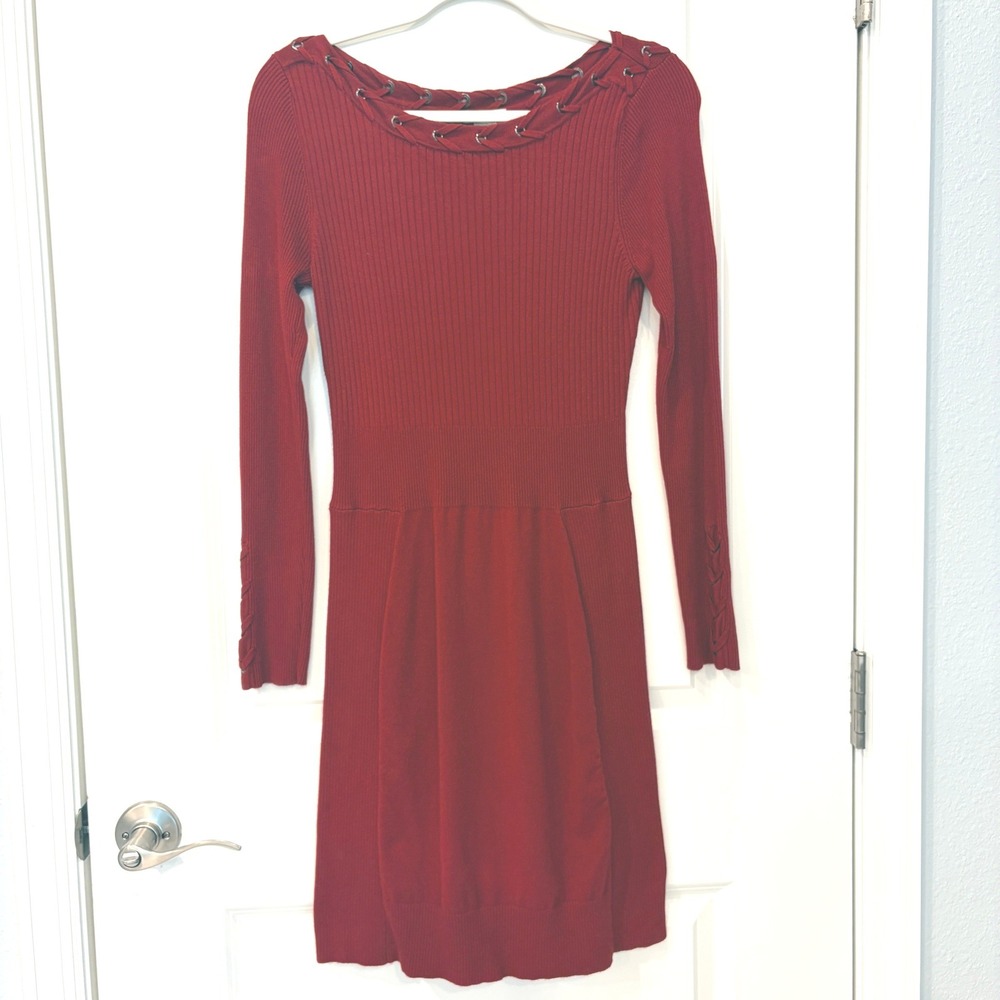 Cache Sweater Dress Size M Red Ribbed Lace Up Fit and Flare Long Sleeve